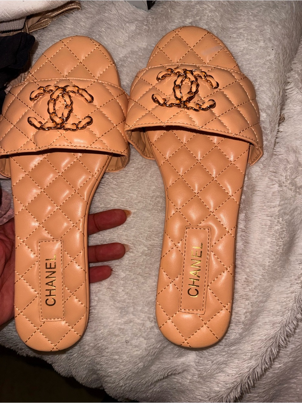 Unknown source Quilted Slide Mules in Peach Tan with Gold CC